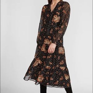 Express Metallic Floral Embroidered Tie-Neck Midi Dress Size Medium